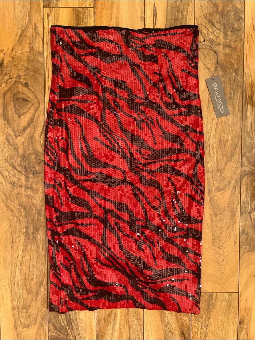 New York & Company Eva Mendes Red & Black Zebra Sequin Pencil Skirt